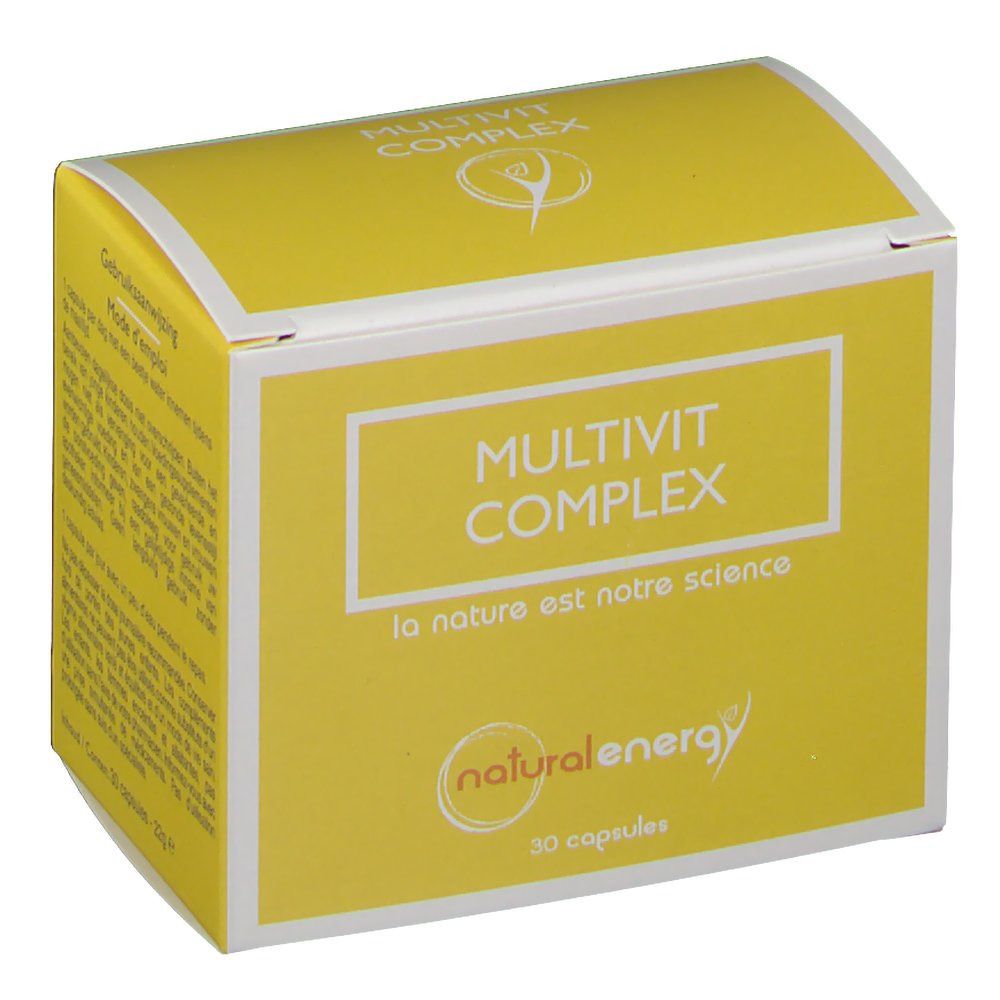 Gele doos met witte rand en opschrift MULTIVIT COMPLEX. Logo Natural Energy. Bevat 30 capsules.