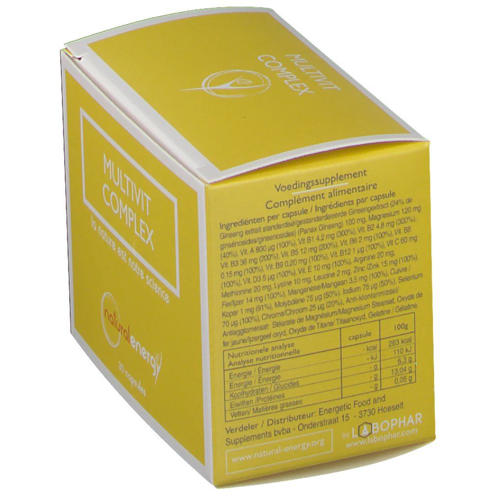 Gele doos met witte rand en opschrift MULTIVIT COMPLEX. Bevat voedingswaarde-analyse en ingrediënten.