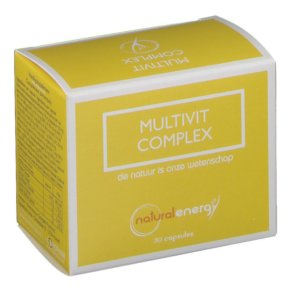 Gele doos met witte rand en opschrift MULTIVIT COMPLEX. Logo Natural Energy. Bevat 30 capsules.