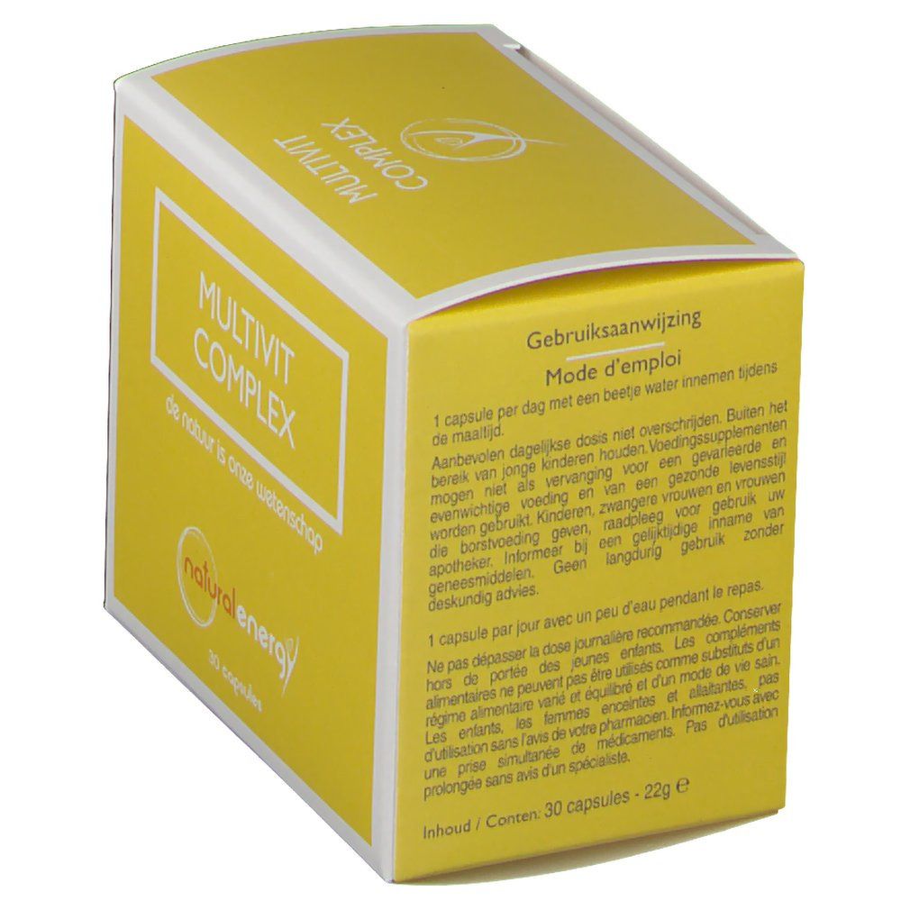 Gele doos met witte rand en opschrift MULTIVIT COMPLEX. Bevat gebruiksaanwijzing.