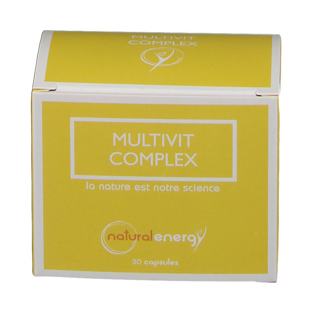 Gele doos met witte rand en opschrift MULTIVIT COMPLEX. Logo Natural Energy. Bevat 30 capsules.