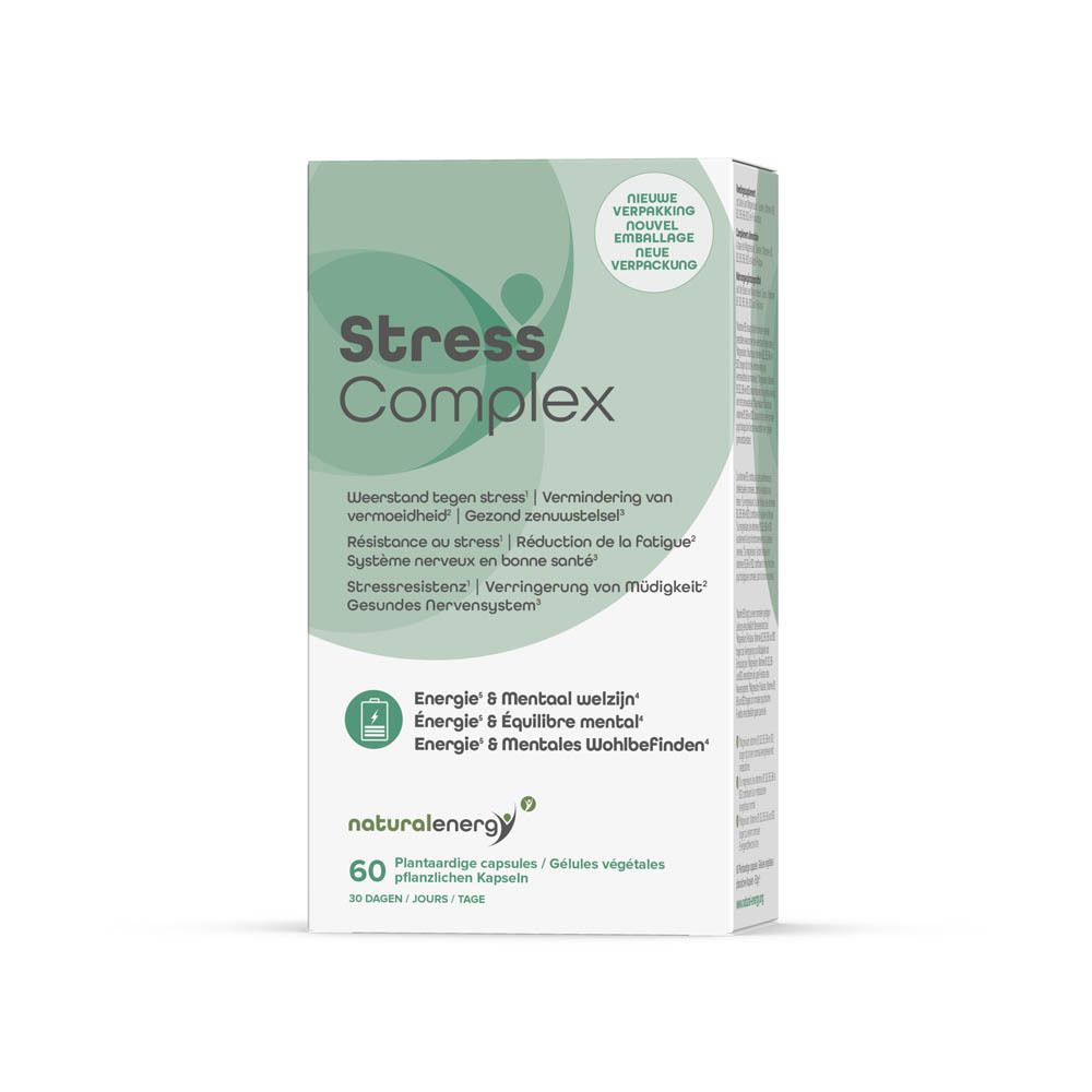 Boîte verte "Stress Complex". Contient 60 gélules. Texte en allemand, néerlandais, français. Marque Natural Energy.