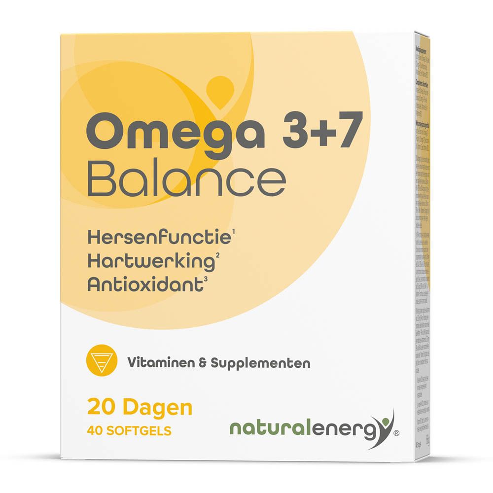 Doosje Omega 3+7 Balance. Bevat 40 softgels voor 20 dagen. Bevat vitaminen en voedingssupplementen.