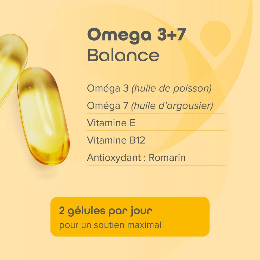 Deux gélules molles jaunes. Texte: Omega 3+7 Balance. Contient Omega 3, Omega 7, vitamine E et B12. 2 gélules par jour.