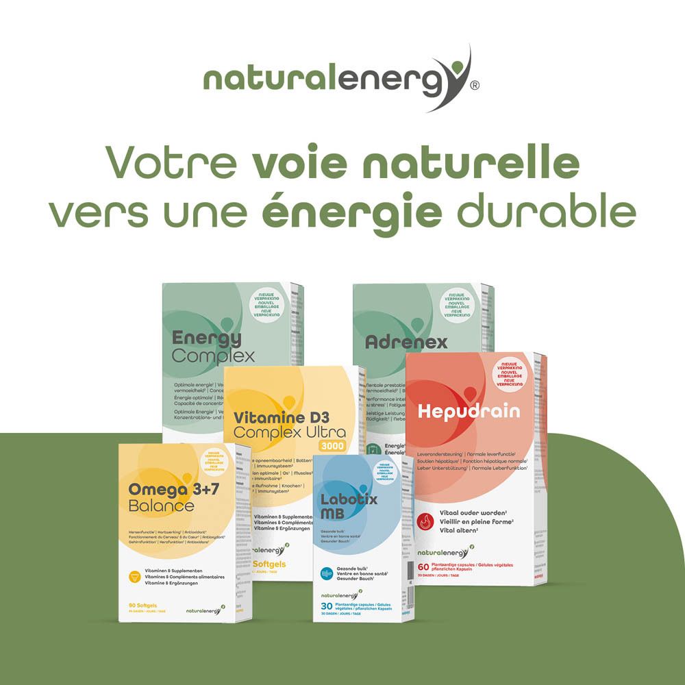 Divers produits Natural Energy. Omega 3+7 Balance, Energy Complex, Vitamine D3, Adrenex, Hepudrain, Lobux MB.