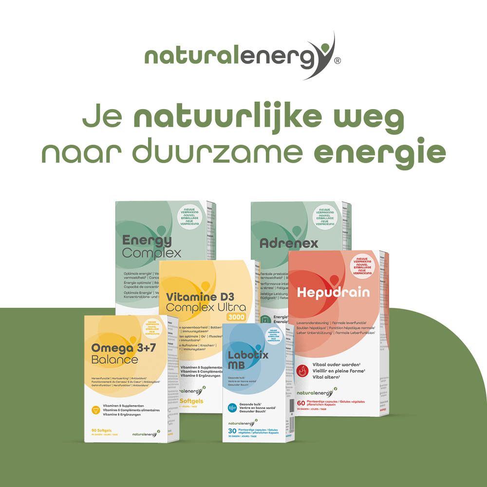 Verschillende producten van Natural Energy. Omega 3+7 Balance, Energy Complex, Vitamine D3, Adrenex, Hepudrain, Lobux MB.