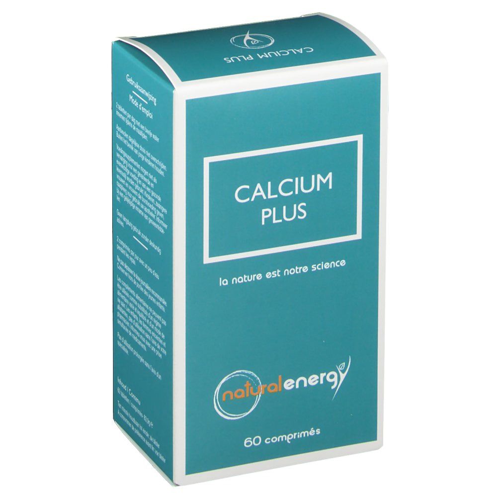 Boîte turquoise et blanche avec texte "CALCIUM PLUS". Logo "natural energy". 60 comprimés. Texte: "la nature est notre science".