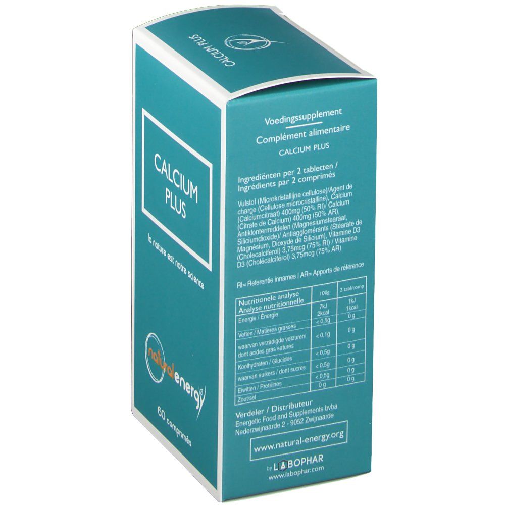 Dos de la boîte. Texte: "CALCIUM PLUS". Ingrédients, analyse nutritionnelle. Logo "natural energy". Texte en néerlandais et français.
