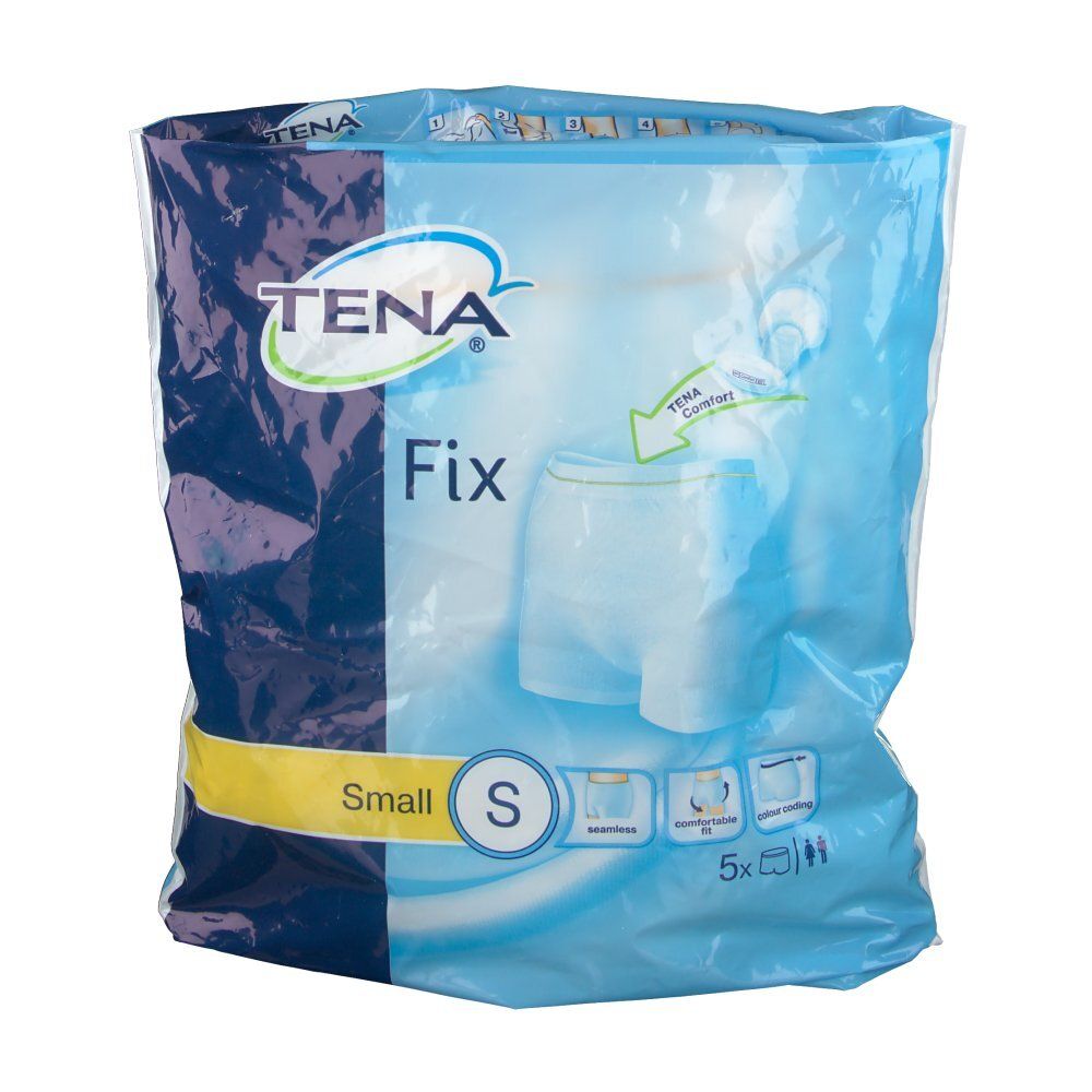 Paquet de TENA Fix Fixierhosen S. Emballage bleu avec image du produit et logo. Contient 5 pièces. Indication de taille S.