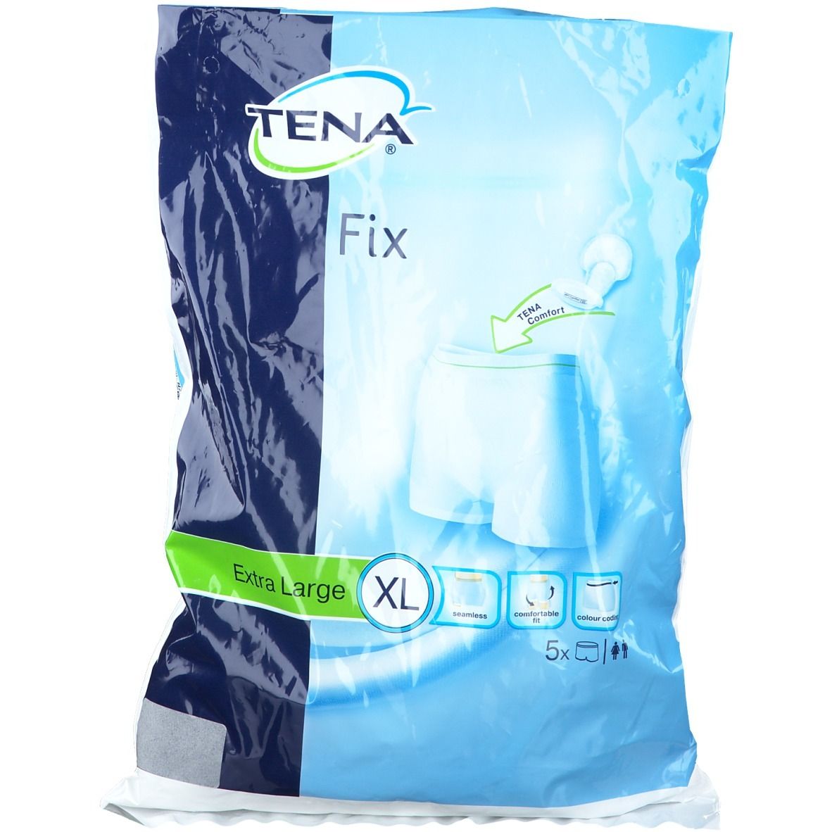 Verpakking van TENA Fix Fixierhosen XL. Blauwe verpakking met productafbeelding. Opschrift: Extra Large, XL, 5 stuks.