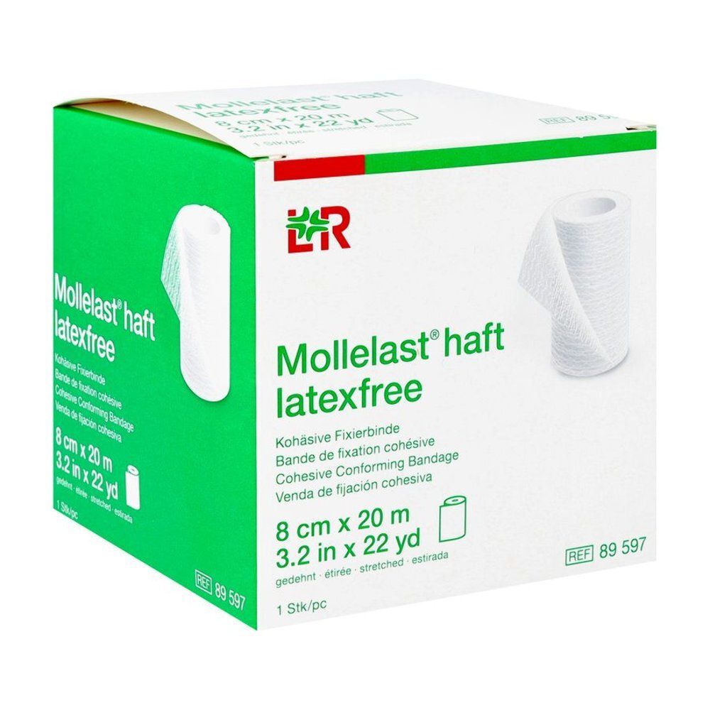 Verpakking van Mollelast® haft latexfree. Witte fixatiezwachtel, 8 cm x 20 m. Bedrukt met productnaam, maat en logo. Latexvrij.
