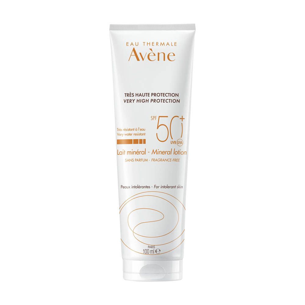 Tube blanc de lait minéral Avène SPF 50+. Texte: Très haute protection, sans parfum. 100 ml.