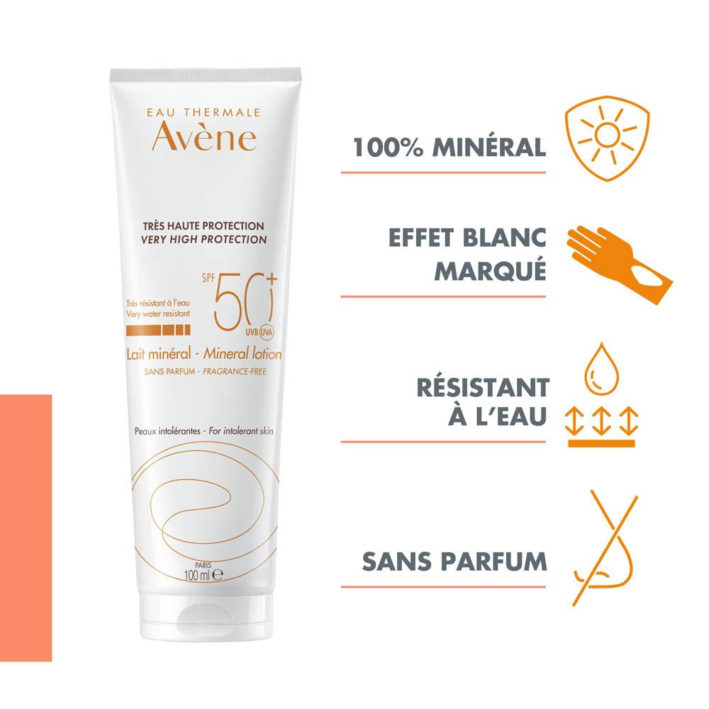 Tube de lait solaire avec texte. Marque Avène, SPF 50+. Texte: Très haute protection, sans parfum. 100 ml.