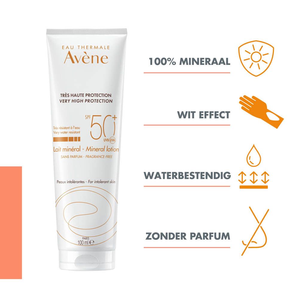 Afbeelding met tekst. Tube zonnebrandcrème. Tekst: 100% mineraal, wit effect, waterbestendig, zonder parfum.