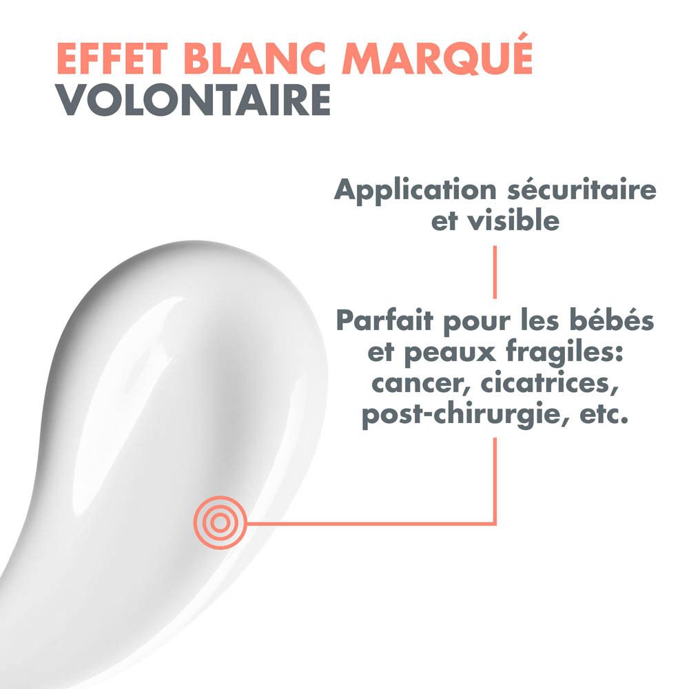 Afbeelding met tekst. Tube zonnebrandcrème. Tekst: Effet blanc marqué, résistant à l'eau, sans parfum.