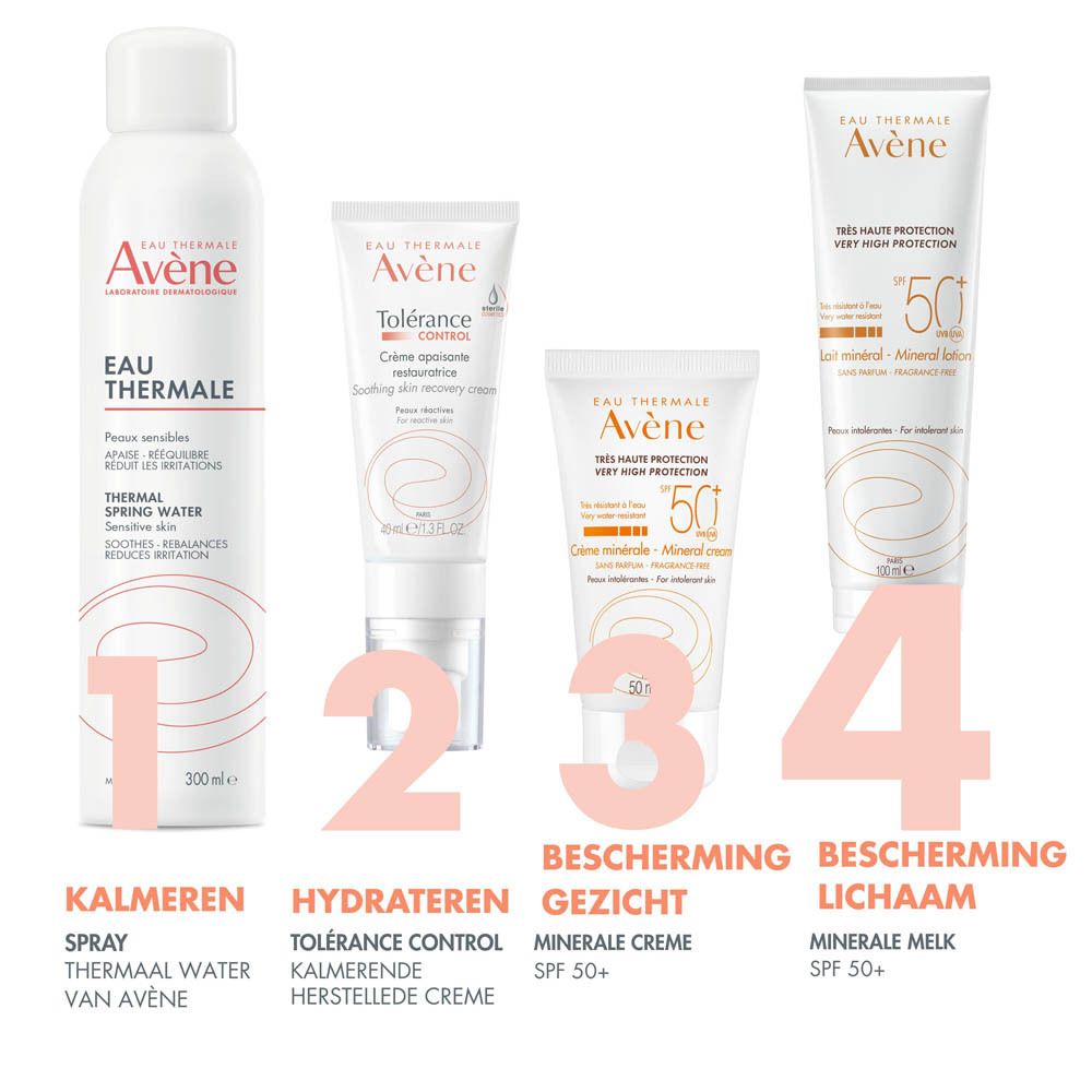 Afbeelding met 4 producten. 1: Eau Thermale. 2: Tolérance Control. 3: Crème minérale SPF 50+. 4: Lait minéral SPF 50+.