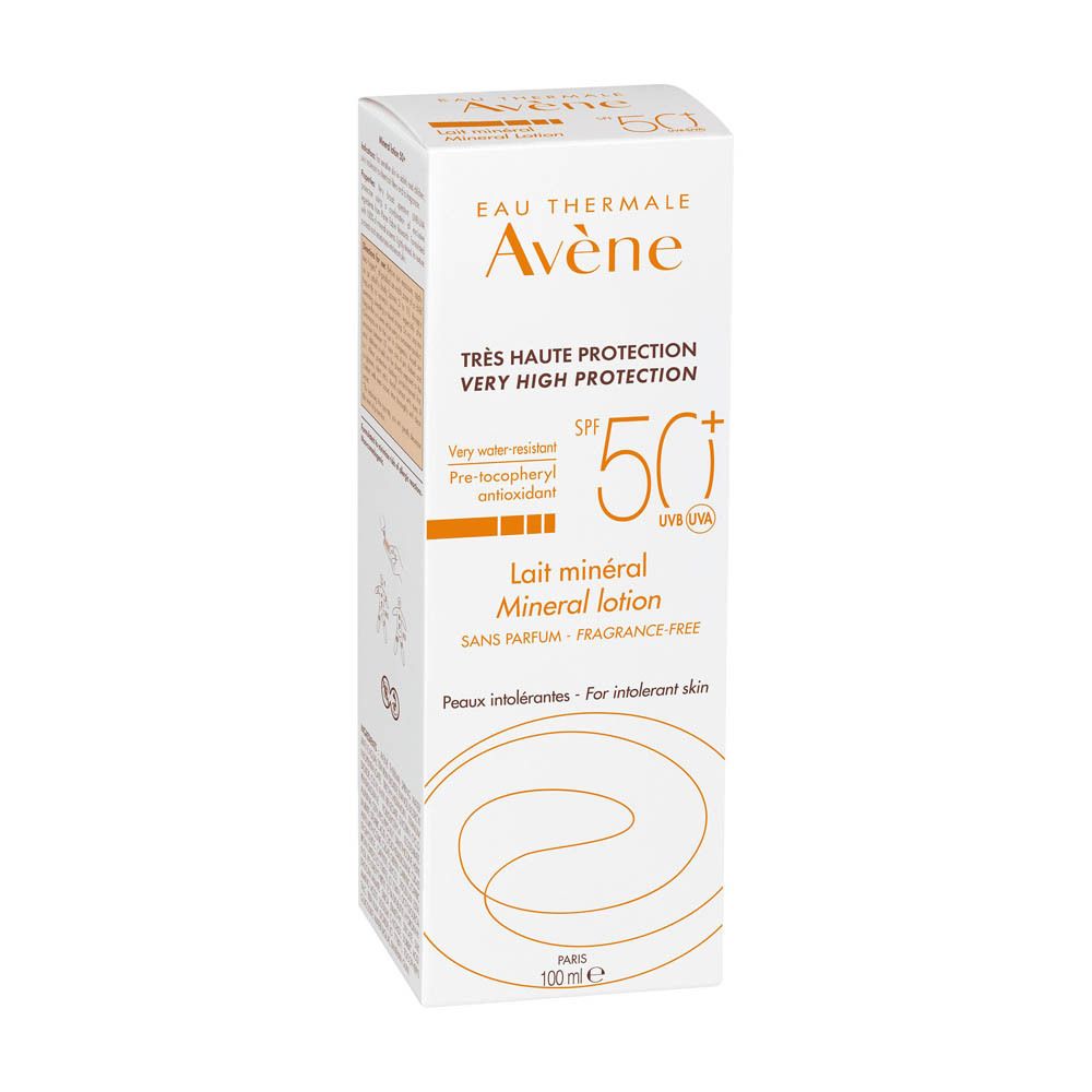 Doos zonnebrandcrème. Merk Avène, SPF 50+. Tekst: Lait minéral, zonder parfum. 100 ml.