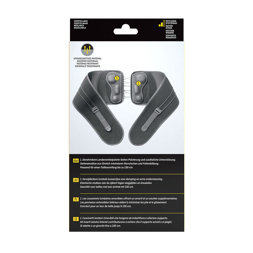 Dos de l'emballage avec ceinture lombaire FUTURO. Caractéristiques et instructions du produit.