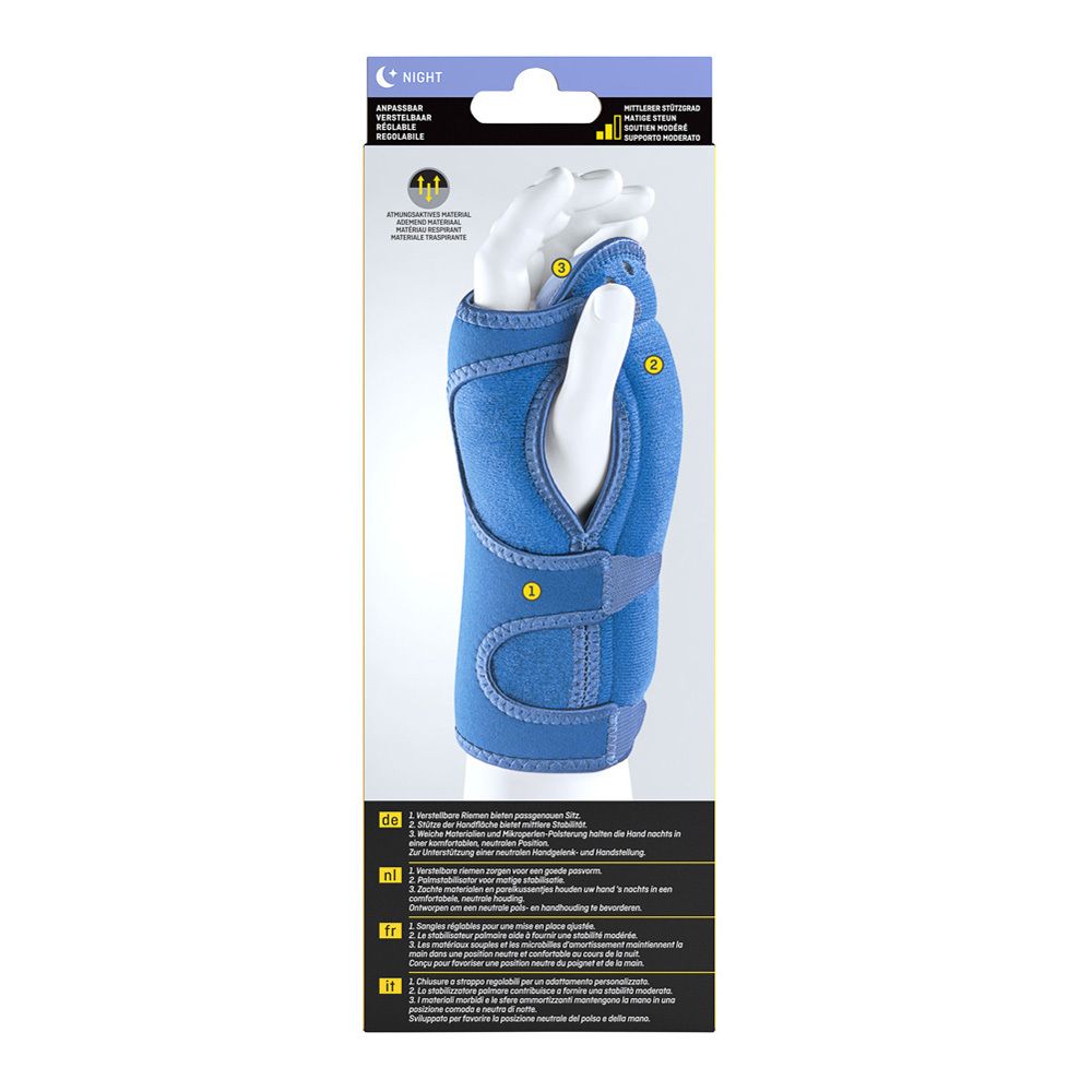 Blauwe polsbrace. Achteraanzicht op een wit handmodel. Productnummers en beschrijvingen.