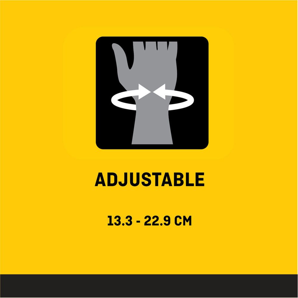 Blauwe polsbrace. Achteraanzicht op een wit handmodel. Productnummers en beschrijvingen.