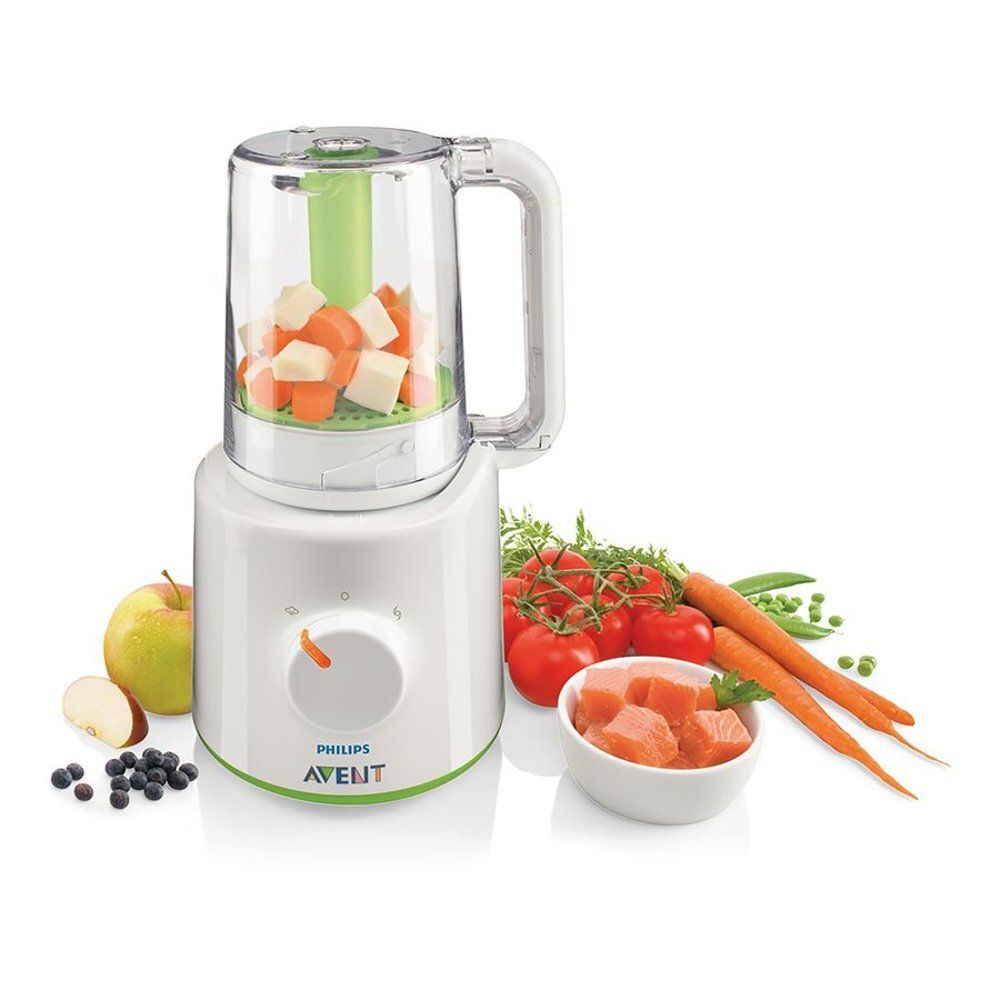Robot cuiseur-mixeur blanc Philips Avent 2-en-1. Récipient transparent. Légumes et fruits visibles. Logo et texte.