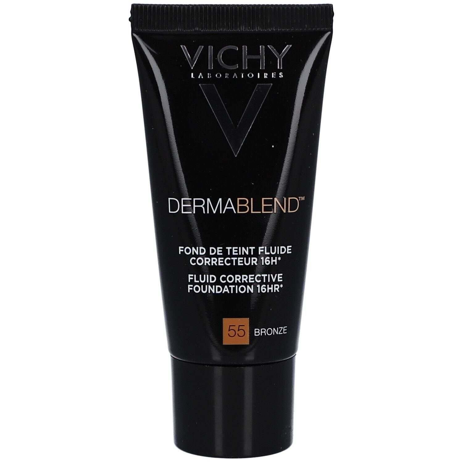 Vichy Dermablend Make Up Nr. 55 Bronze. Zwarte tube met productinformatie.
