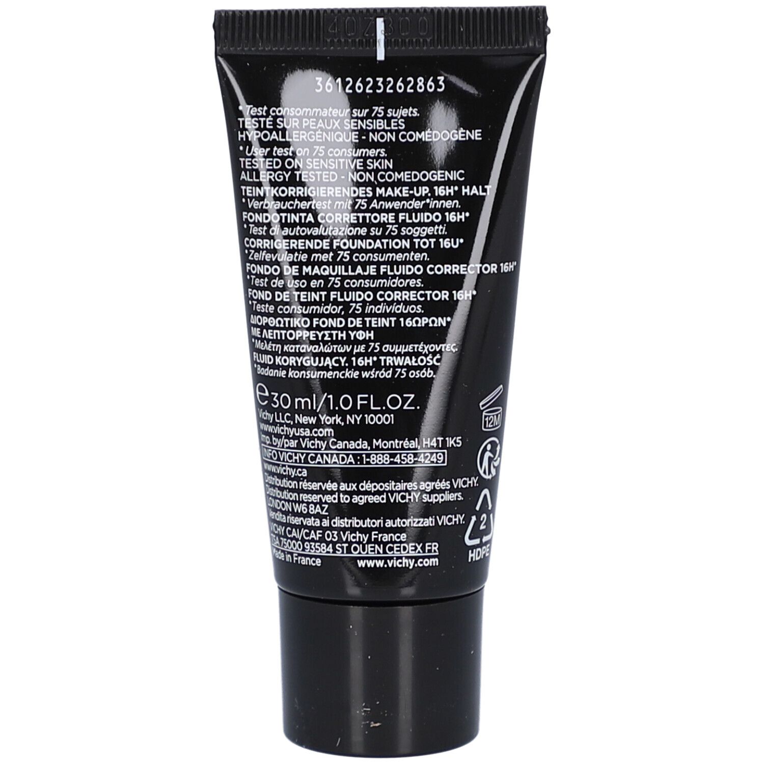 Achterkant van de tube. Productinformatie en ingrediënten. Merk en naam zichtbaar.