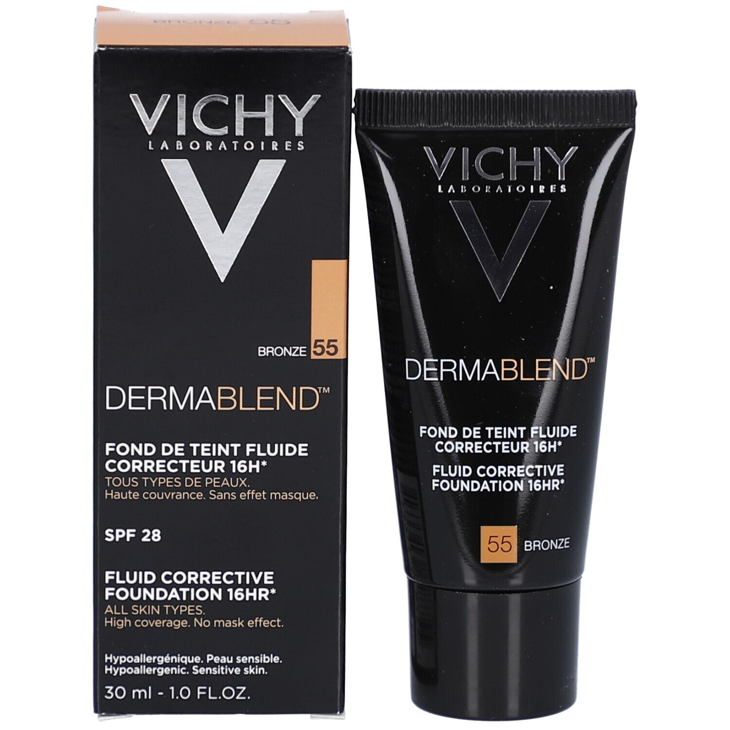 Vichy Dermablend Make Up Nr. 55 Bronze. Tube en verpakking. Merk en naam zichtbaar.