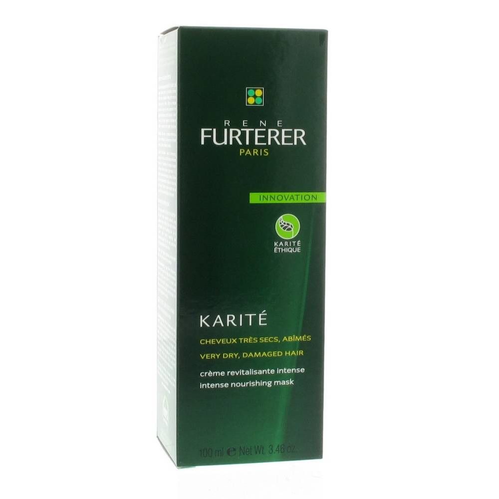 Groene verpakking met productnaam KARITÉ en merk RENE FURTERER PARIS. Tekst voor zeer droog, beschadigd haar. Intense voedende crème.