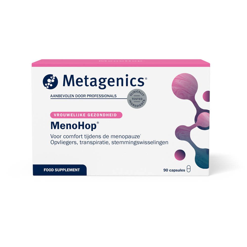 Witte doos met Menohop-logo en tekst. Bevat 90 capsules. Metagenics-logo.