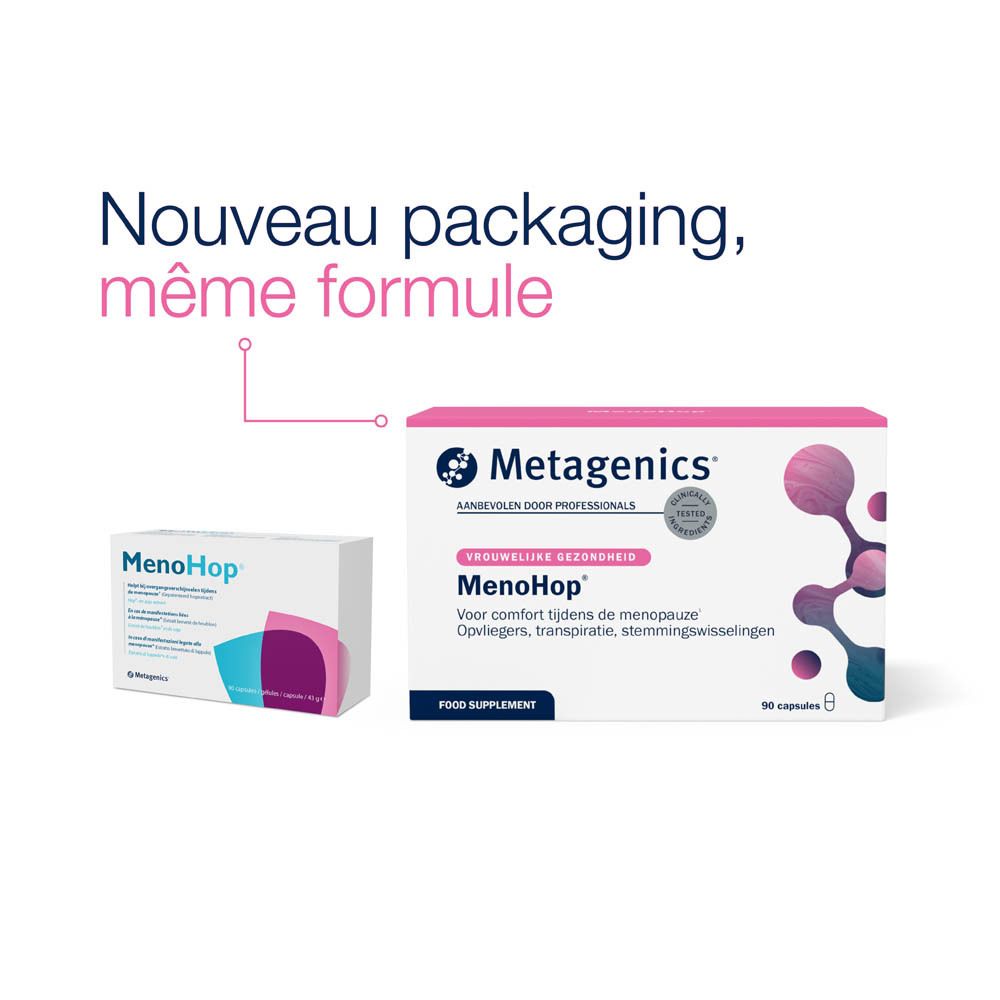 Boîte blanche avec logo Menohop et texte. Contient 90 gélules. Logo Metagenics.