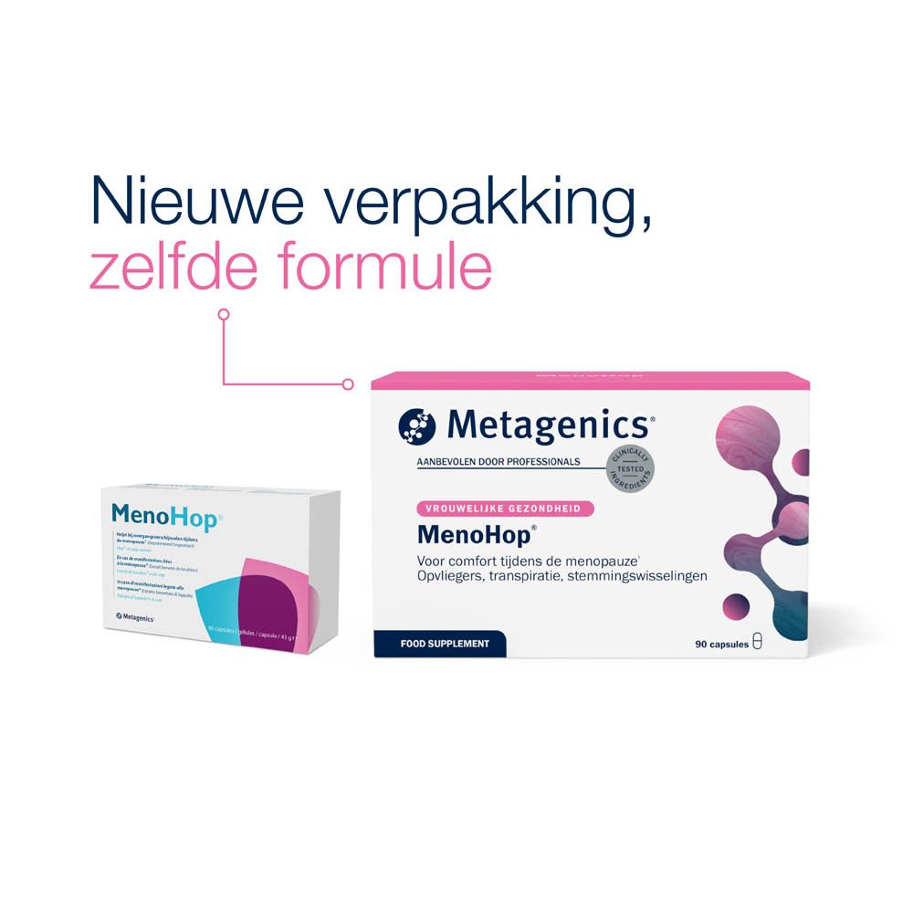 Witte doos met Menohop-logo en tekst. Bevat 90 capsules. Metagenics-logo.