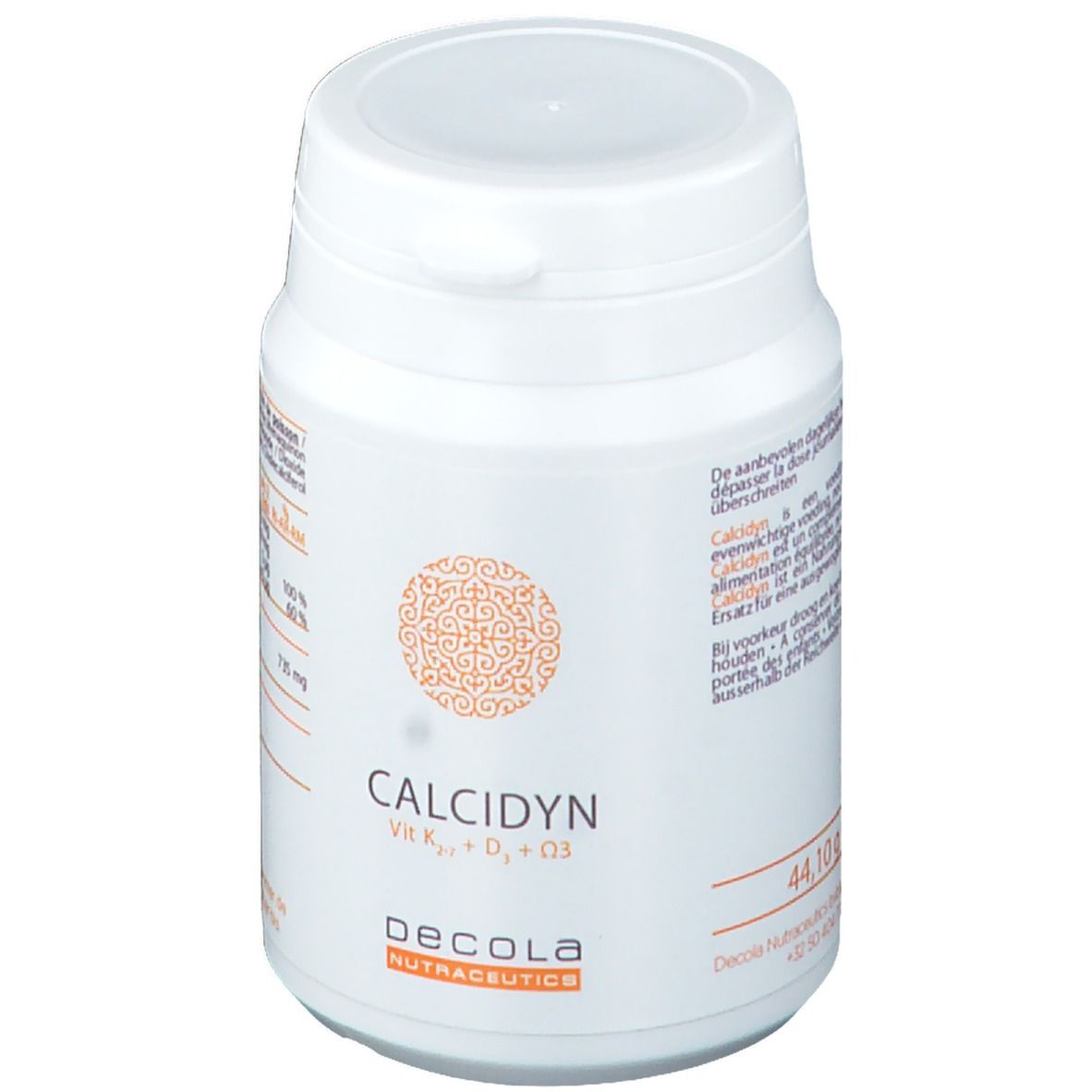 Boîte blanche avec couvercle. Inscription CALCIDYN, Vit K2, D3, D3. Marque Decola Nutraceutics. Motif orange. Texte.
