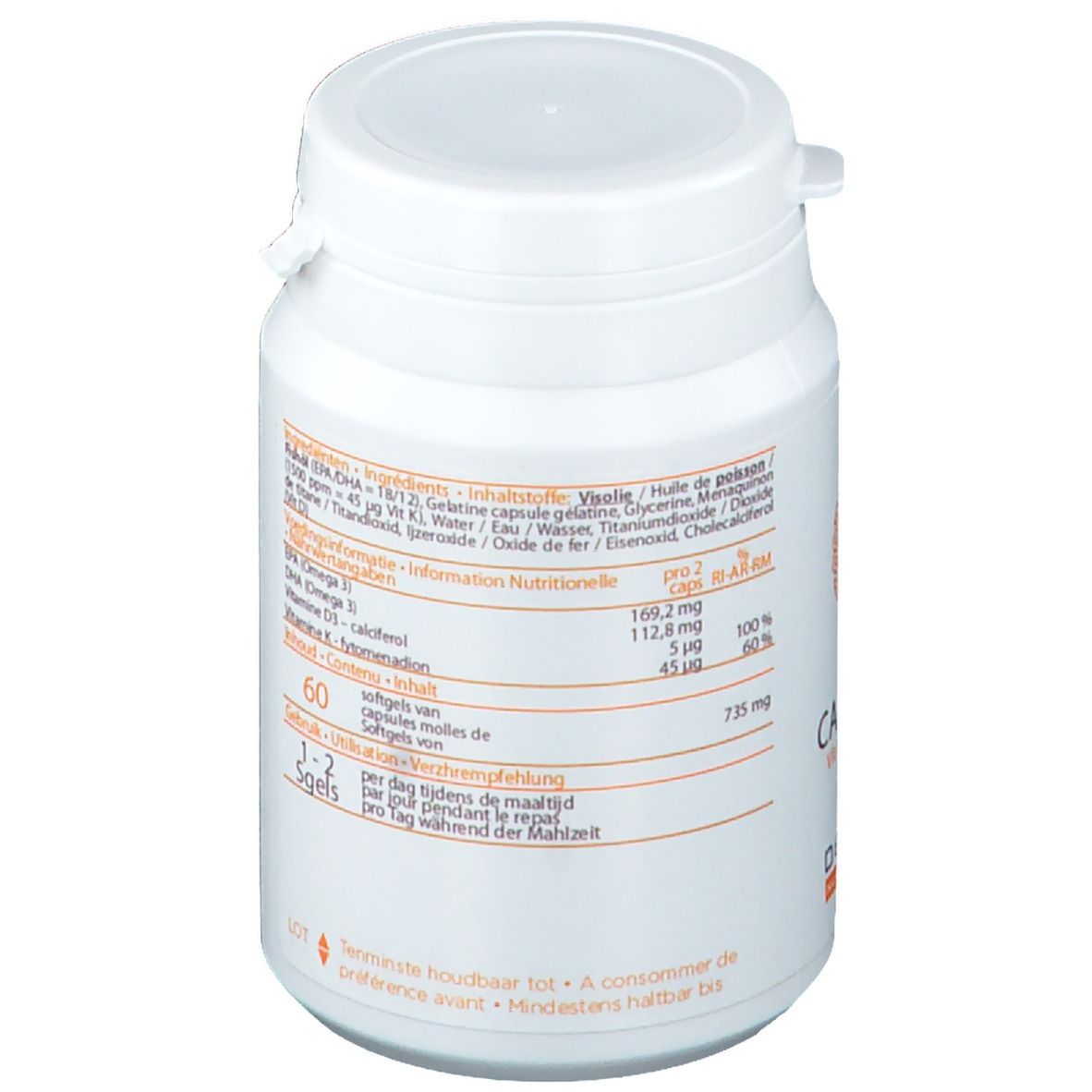 Boîte blanche avec couvercle. Inscription CALCIDYN, Vit K2, D3, D3. Marque Decola Nutraceutics. 60 gélules. Liste des ingrédients.