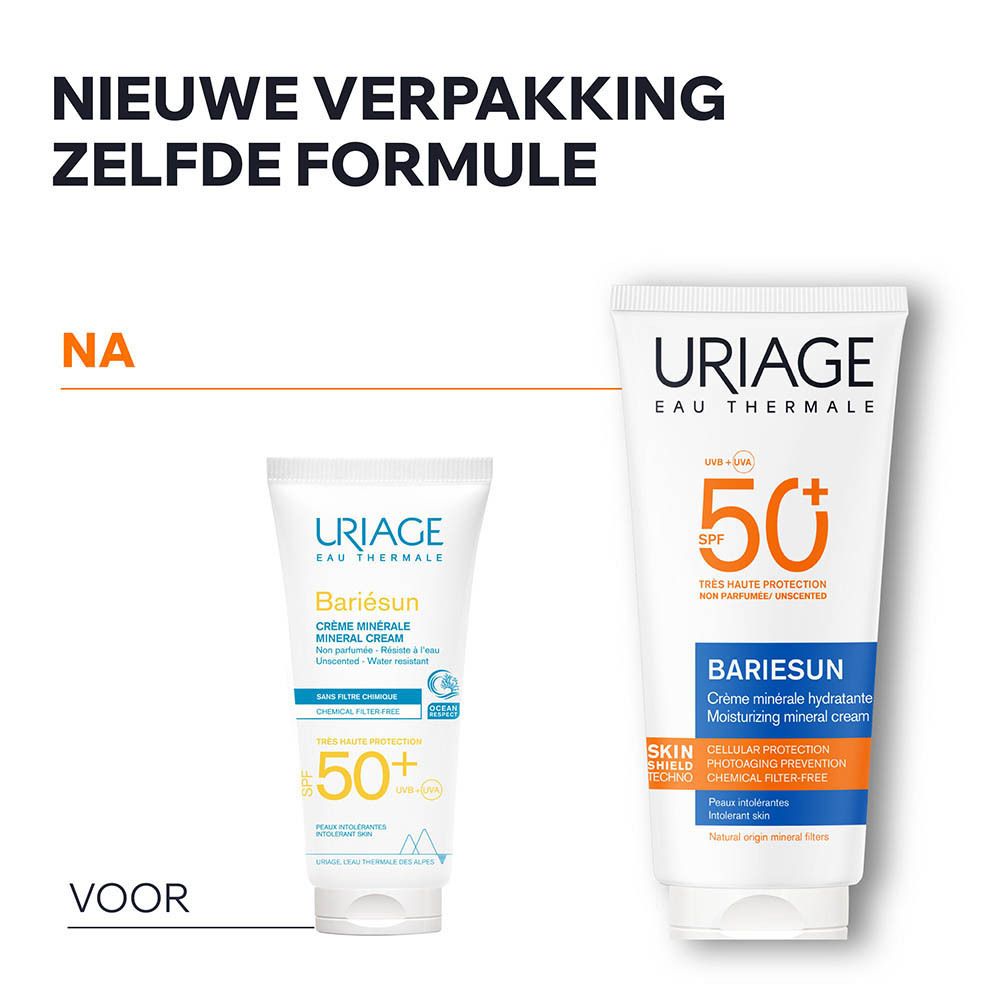 Uriage Bariésun crème. Voor-en-na vergelijking van de verpakking.