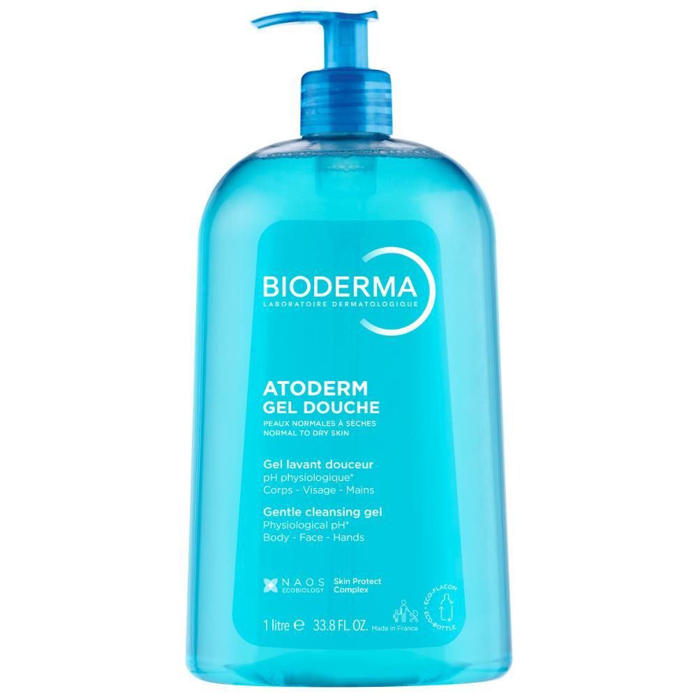 Flacon bleu avec logo BIODERMA et nom du produit Atoderm Gel douche. 1 litre.