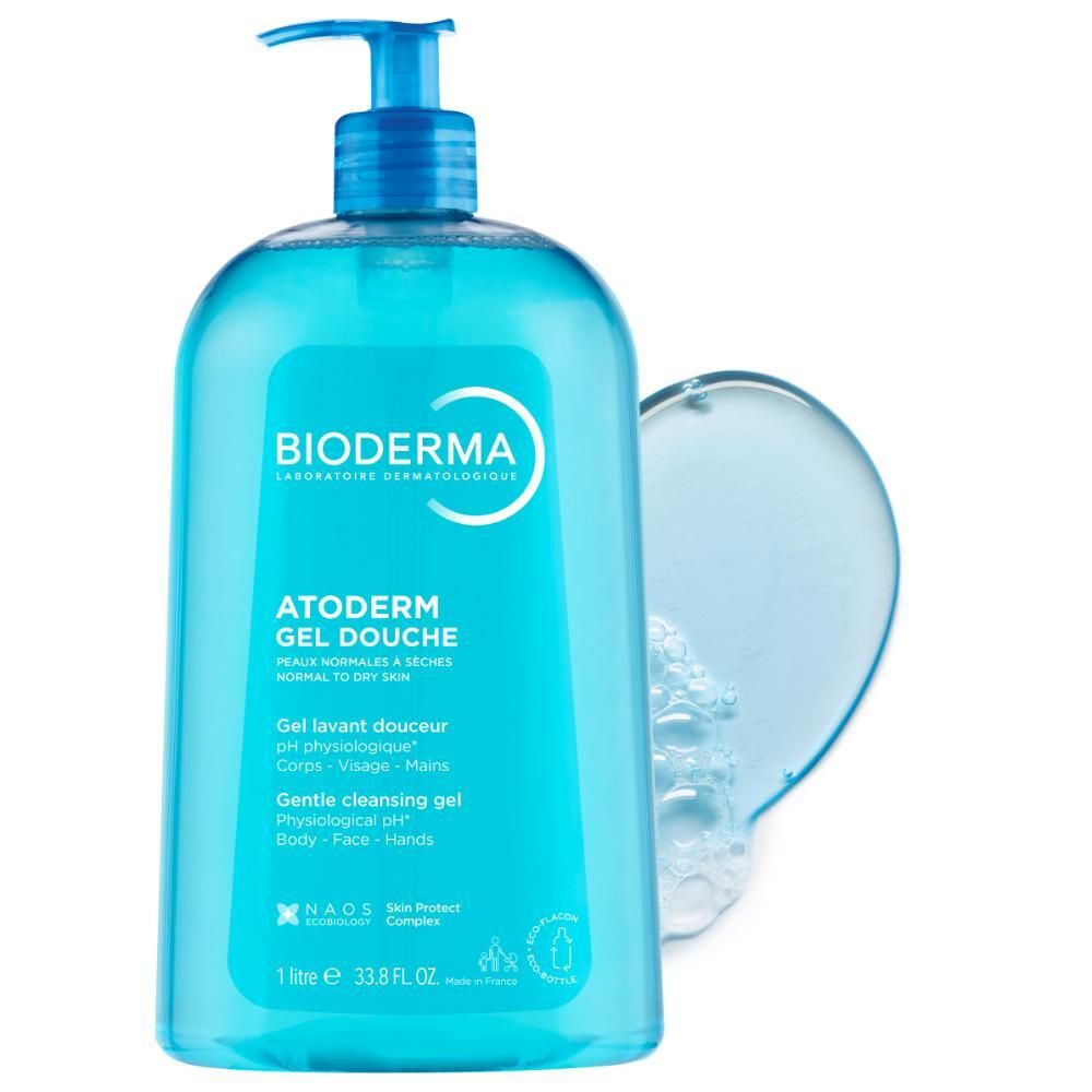 Gel douche bleu en flacon pompe. Logo BIODERMA et nom du produit Atoderm Gel douche.