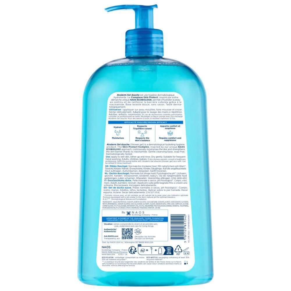 Vue arrière d'un flacon de gel douche bleu. Étiquette avec informations produit.