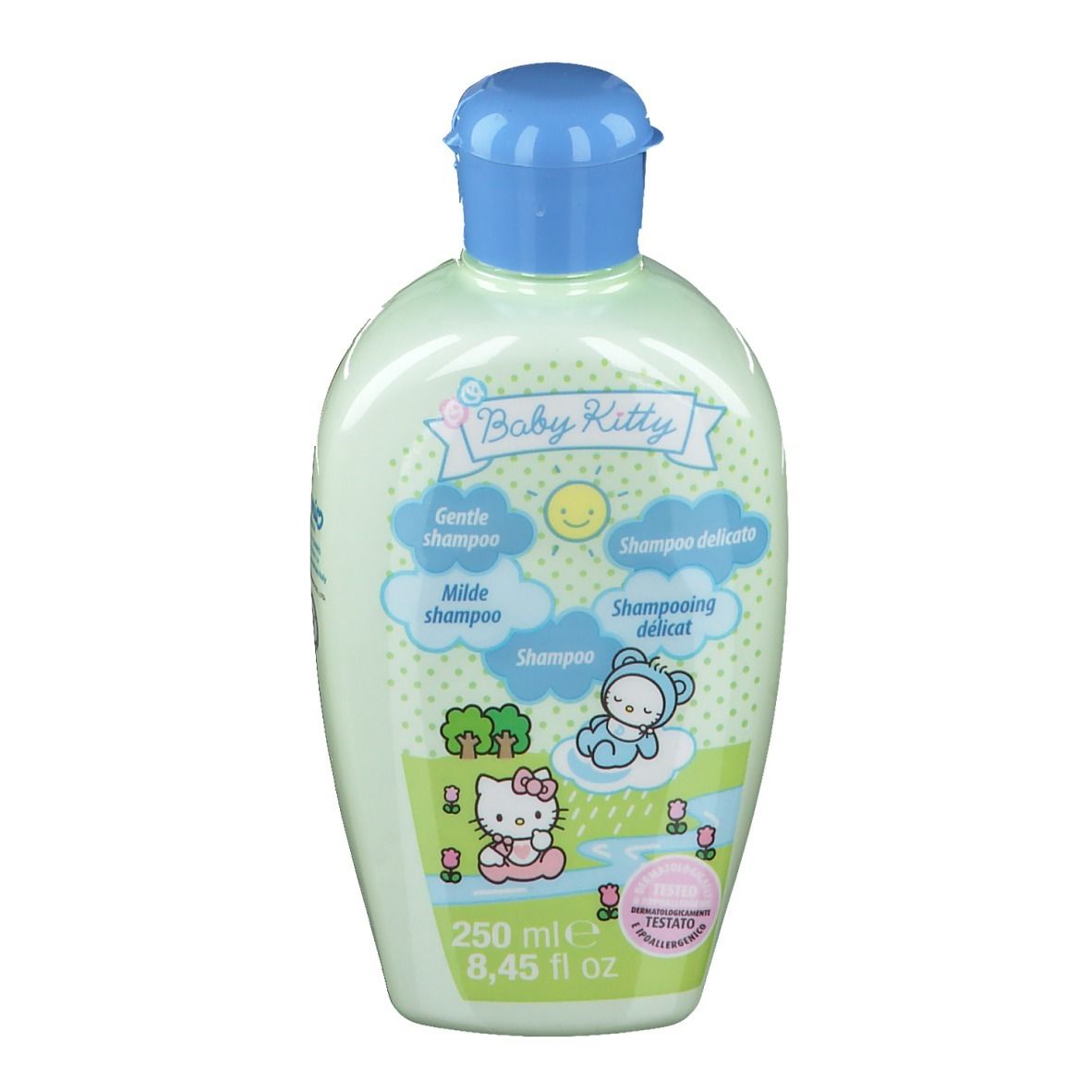 Lichtgroene Baby Kitty shampoo fles met blauwe dop. Etiket met Hello Kitty en tekst: Gentle Shampoo, Milde Shampoo.