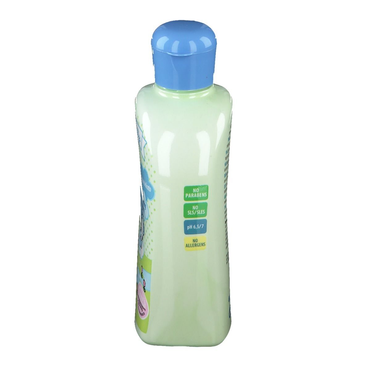 Achterkant van een lichtgroene Baby Kitty shampoo fles met blauwe dop. Tekst: No Parabens, No Sulfates, pH 6.5/7, No Allergens.