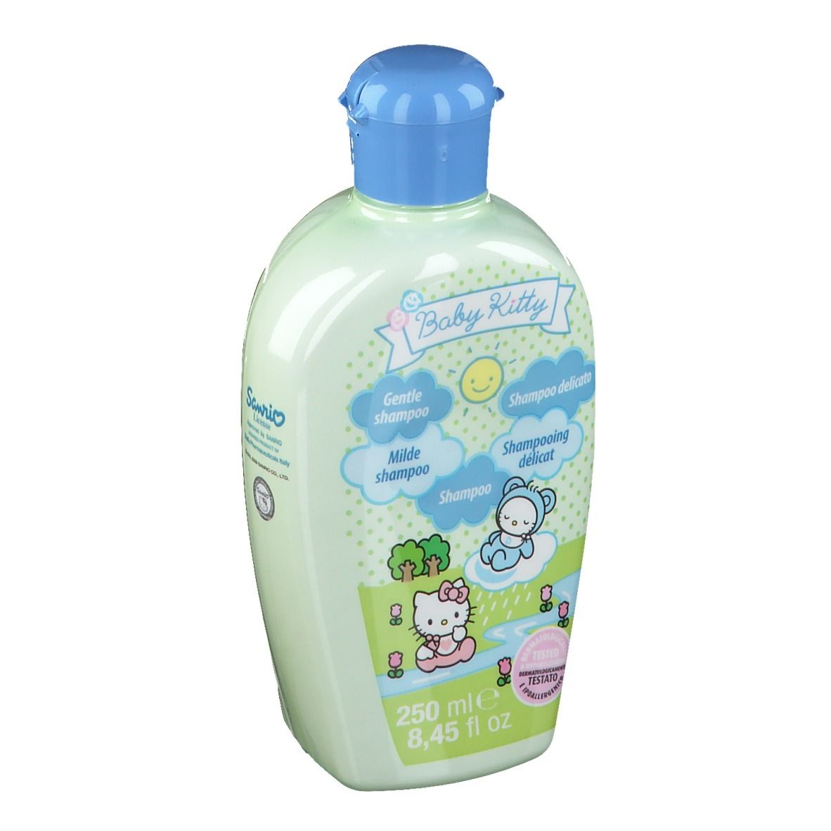 Lichtgroene Baby Kitty shampoo fles met blauwe dop. Etiket met Hello Kitty en tekst: Gentle Shampoo, Milde Shampoo, 250 ml.