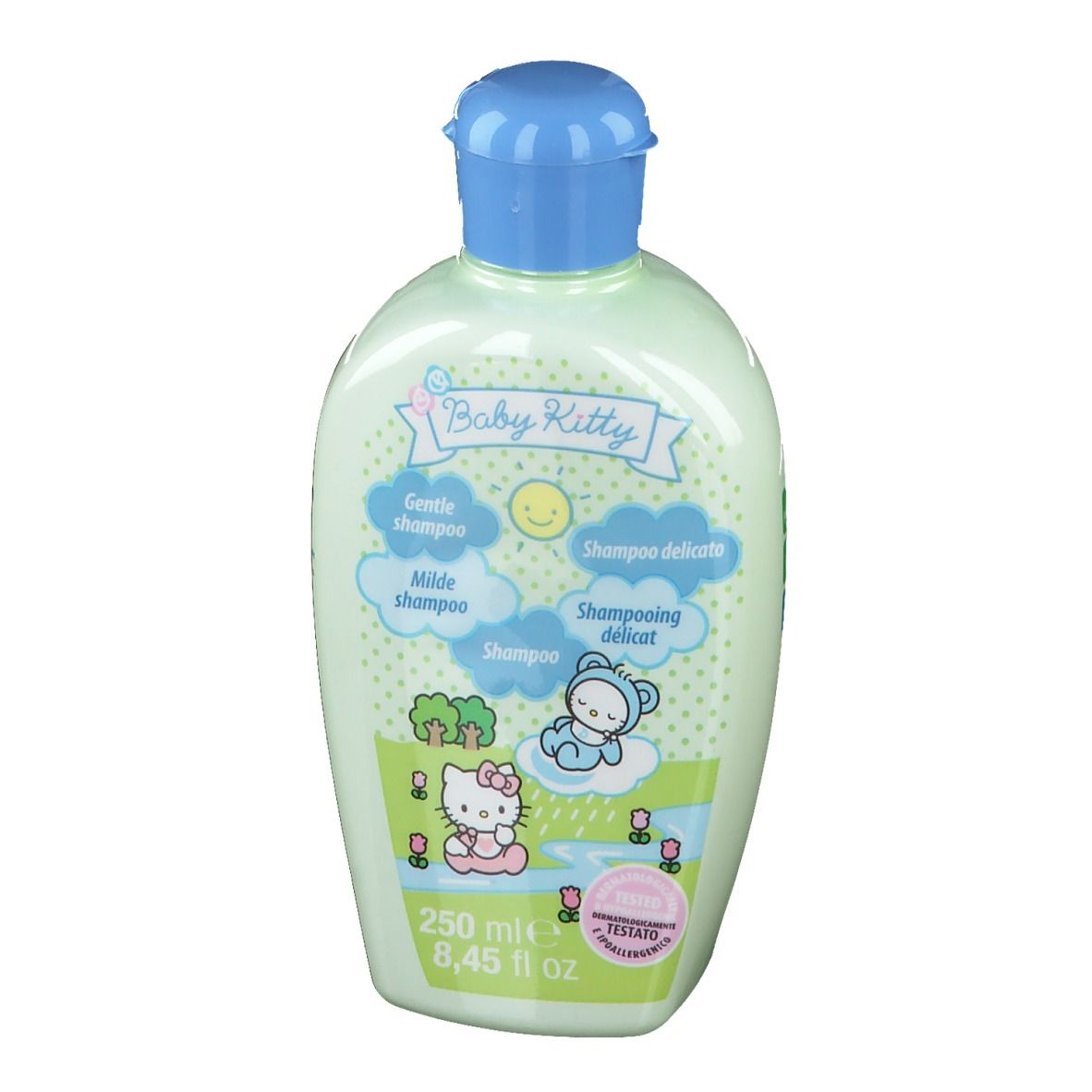 Lichtgroene Baby Kitty shampoo fles met blauwe dop. Etiket met Hello Kitty en tekst: Gentle Shampoo, Milde Shampoo, 250 ml.