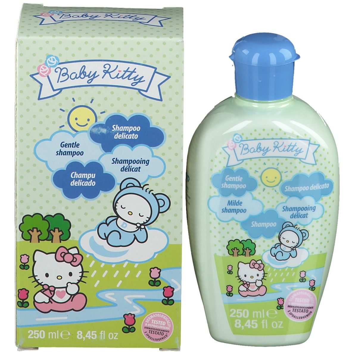 Baby Kitty shampoo fles en doos. Fles: lichtgroen, blauw, Hello Kitty motief. Doos: groen, Hello Kitty, tekst: Shampoo delicato.