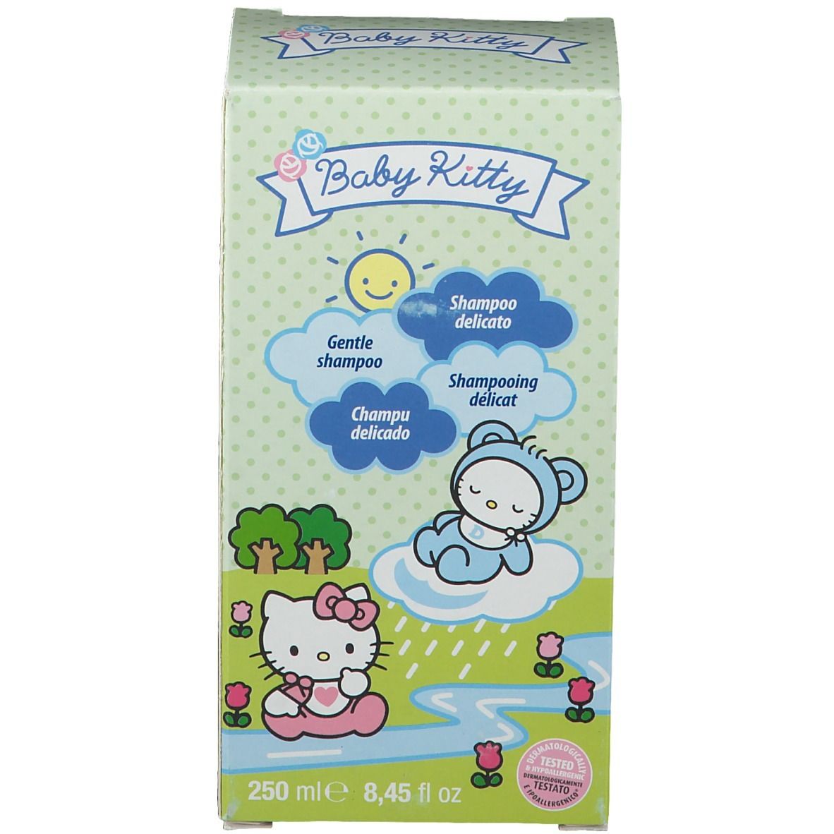 Doos voor Baby Kitty shampoo. Groen, Hello Kitty motief, tekst: Shampoo delicato, 250 ml. Certificeringstekens.
