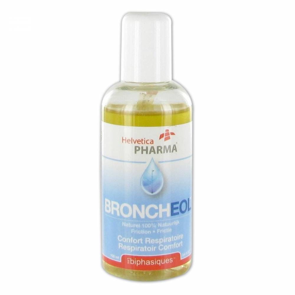 Glazen fles met witte dop. Opschrift: Helvetica Pharma, Broncheol, Respiratoire Comfort, bifasisch.