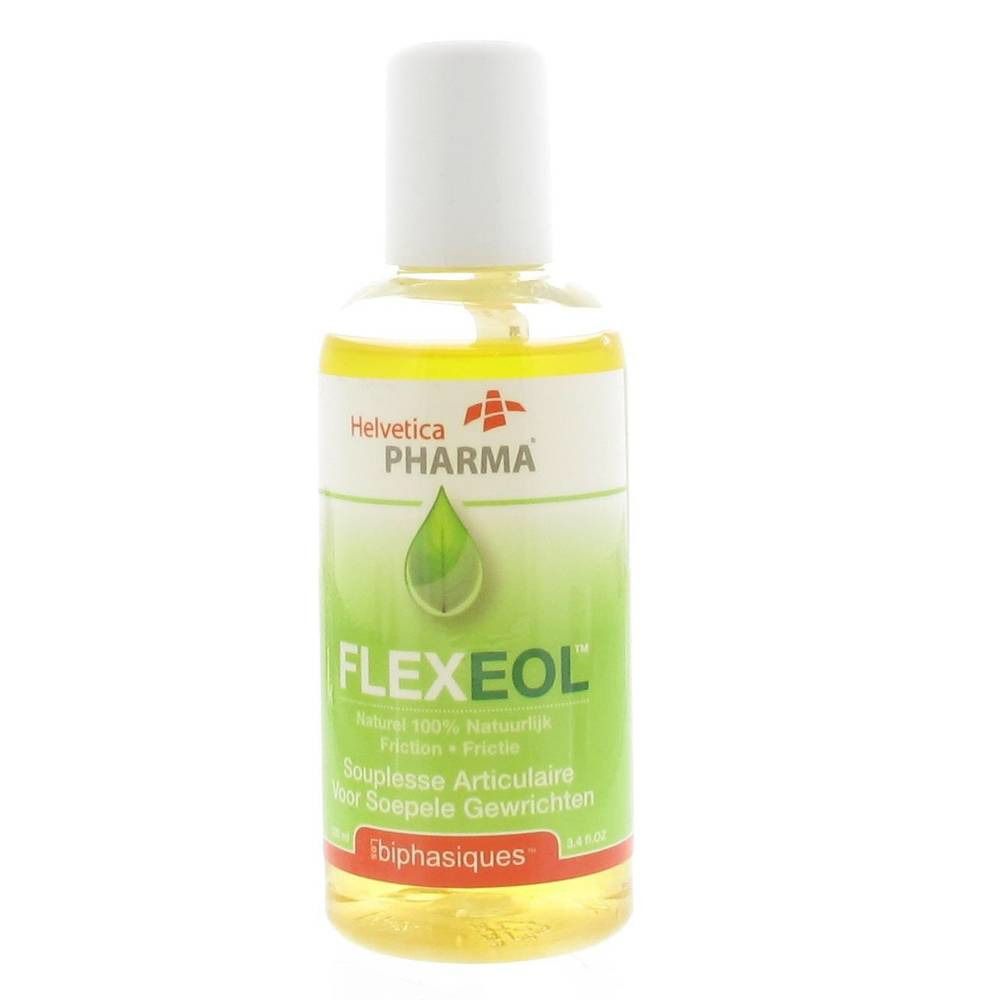 Flacon de liquide jaune. Inscription FLEXEOL, Helvetica Pharma. Étiquette verte et blanche.
