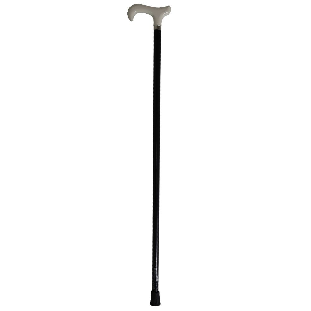 Canne avec poignée blanche et tige noire. La poignée est courbée. Une embout en caoutchouc noir est au bas.