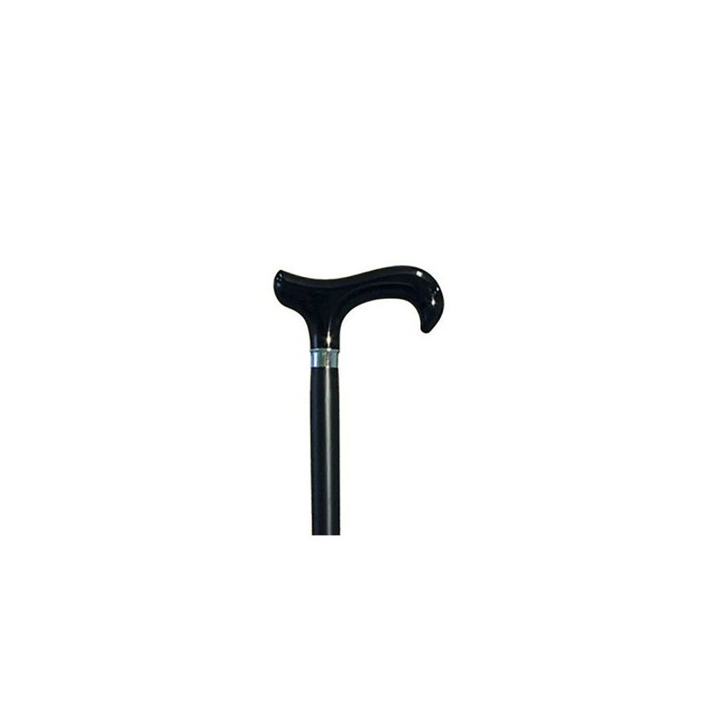 Zwarte wandelstok met gebogen handvat. De stok heeft een zilveren ring bij de overgang naar het handvat.