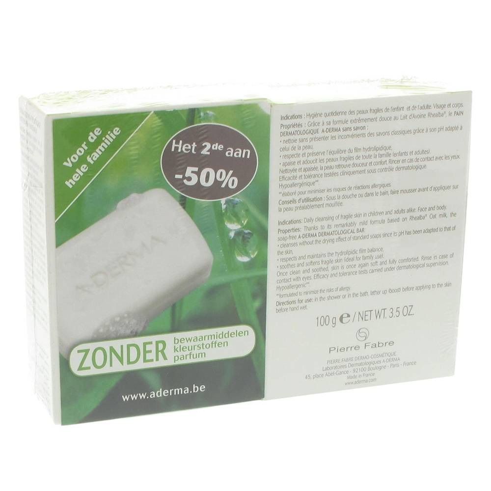 A-DERMA Dermopan Pastilla Duo. Verso de l'emballage avec informations et inscription : "Zonder bewaarmiddelen".