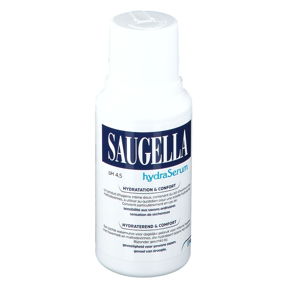 Witte fles met blauw etiket. Opschrift Saugella hydraSerum. pH 4.5. Tekst in meerdere talen.
